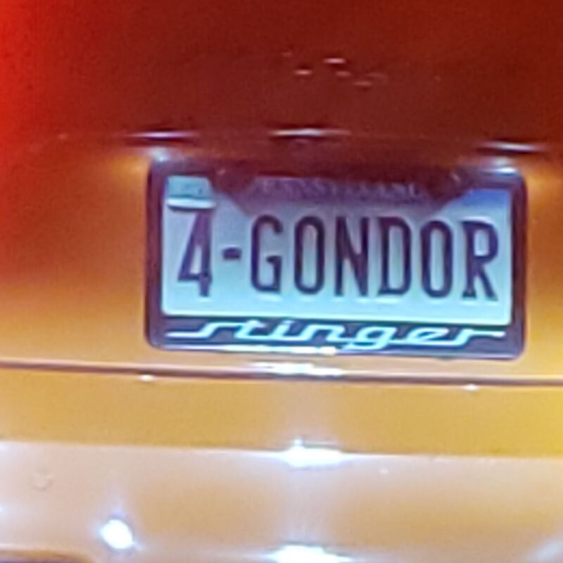 4-GONDOR license plate on a Kia Stinger — Lord of the Rings reference spotted in traffic